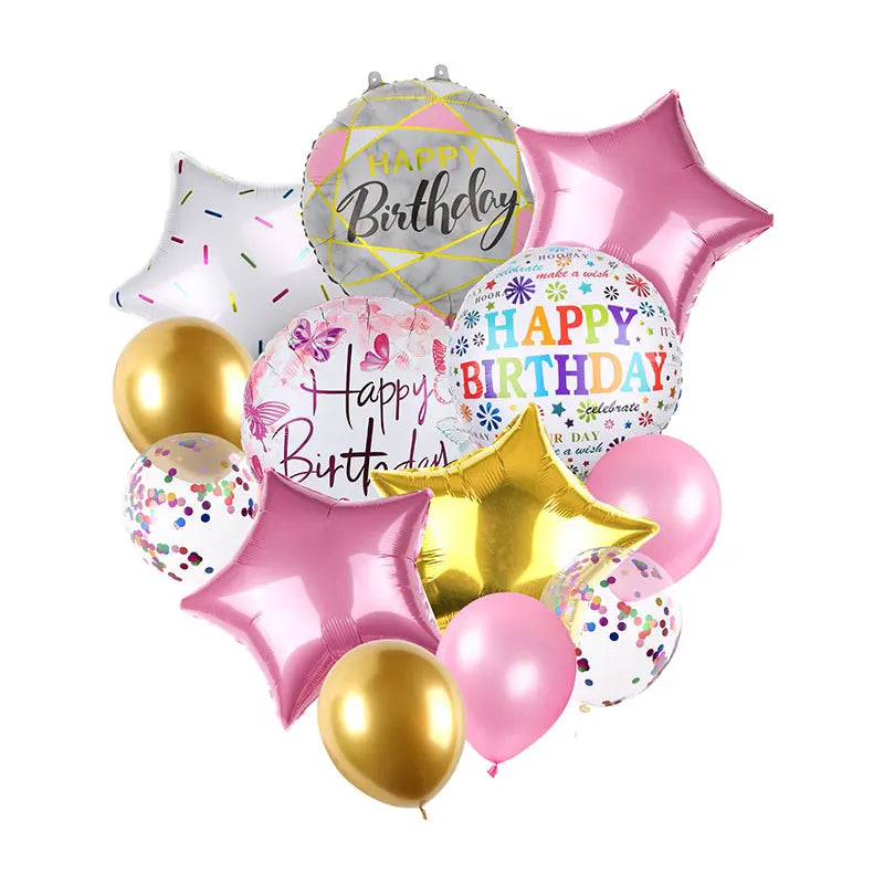 13pcs/1set Happy Birthday Balloons Pink Foil/Latex Balloons Set