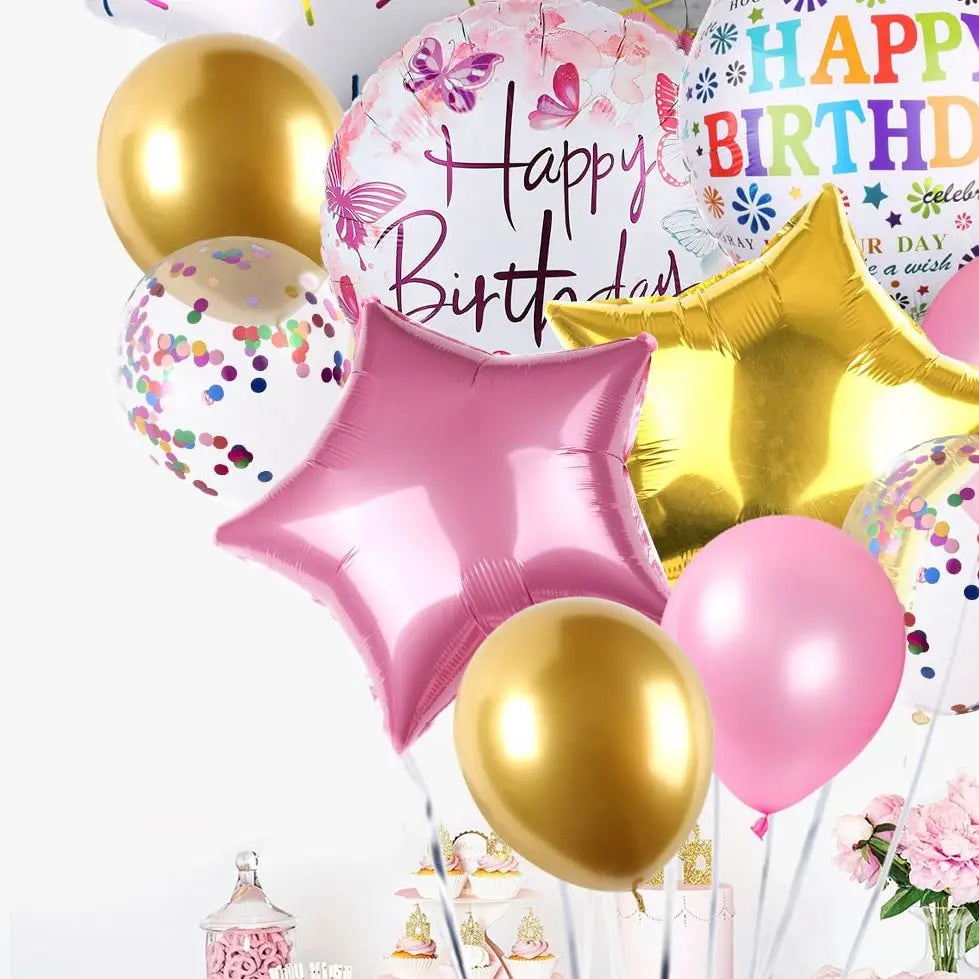 13pcs/1set Happy Birthday Balloons Pink Foil/Latex Balloons Set